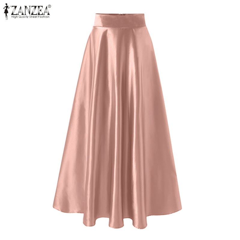 ZANZEA Jupes longues de soirée en satin pour femmes, élégantes, taille haute, fermeture éclair au dos, coupe trapèze, jupes longues élégantes pour cocktail, Faldas Mujer