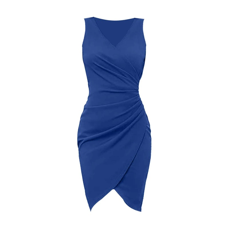 Femmes robes de Cocktail femmes Sexy col en V sans manches Wrap plissé couleur unie robe femmes robes formelles robe de travail de fête