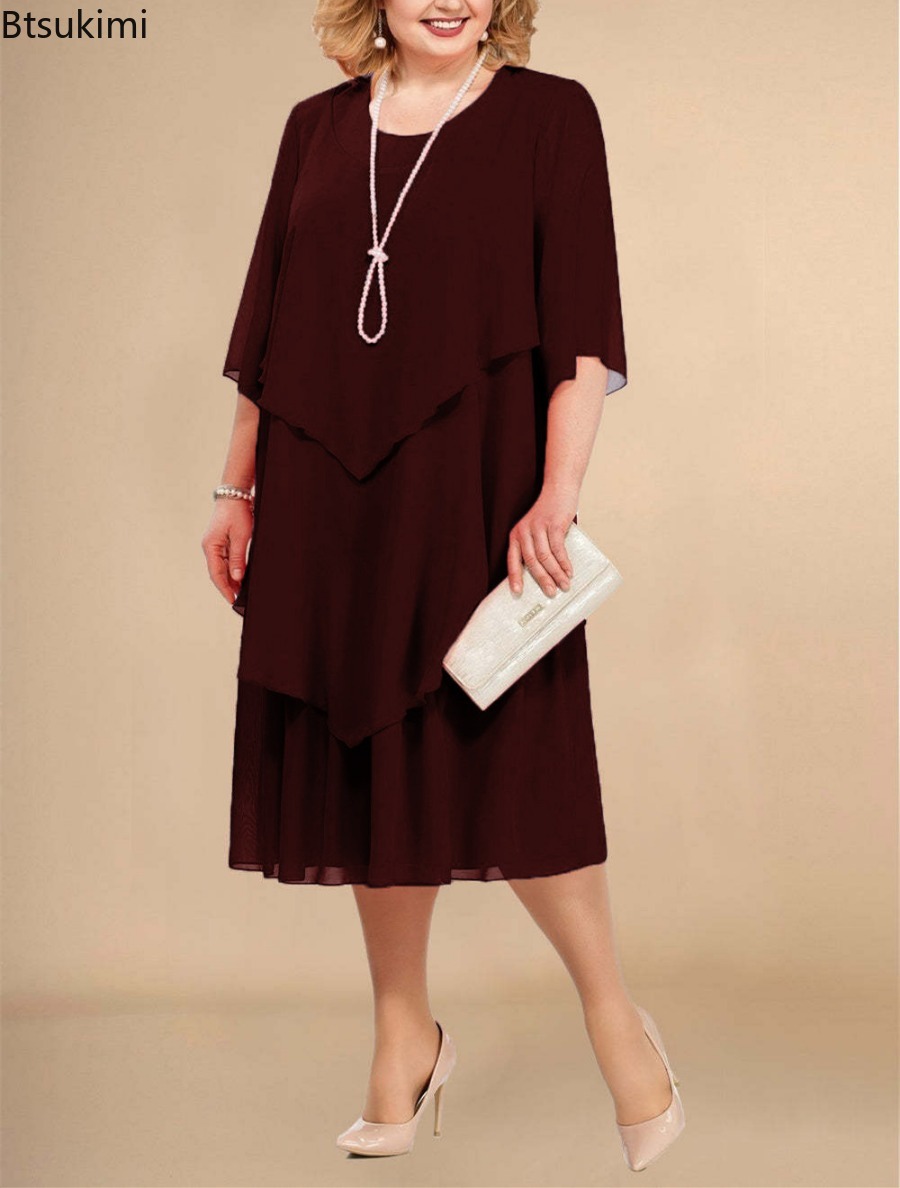 Robe en mousseline de soie à ourlet superposé irrégulier pour femmes, robe mi-longue fluide, robes à col rond, mode de fête élégante, invité de mariage, grande taille, été