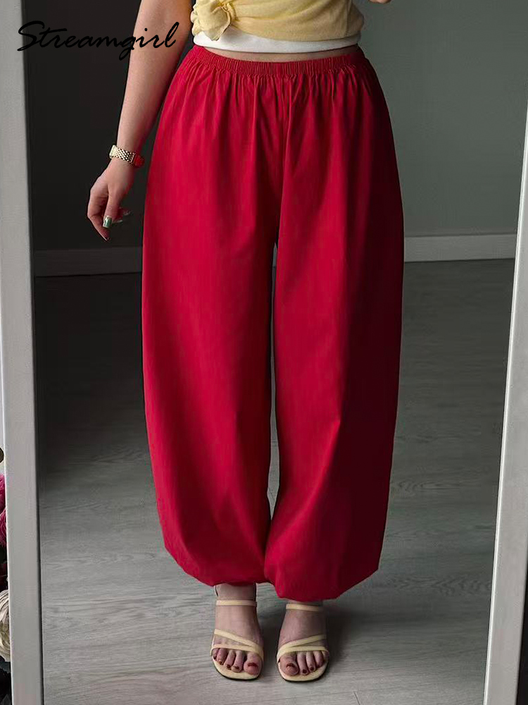 Pantalon large rouge pour femme, en coton, long, blanc, taille élastique, style lanterne, pour l'automne, pantalon droit de sport pour femme