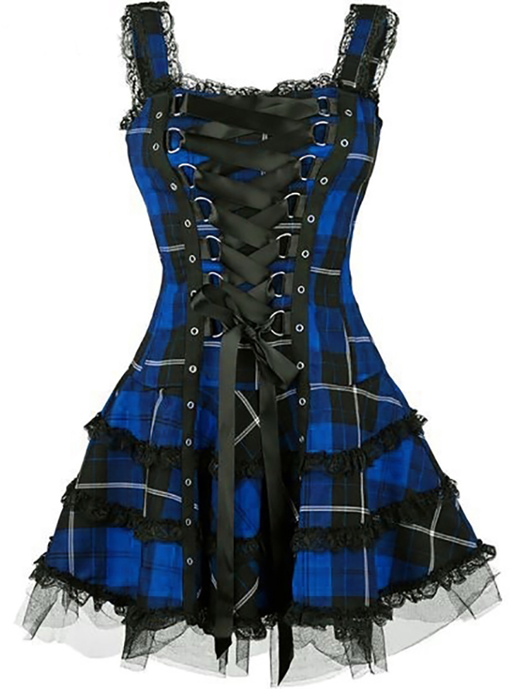 Mini robe bandage à carreaux vintage pour femmes, robes gothiques A-ligne, garniture en dentelle esthétique grunge, patchwork, punk, batterie, vêtements de fête sexy