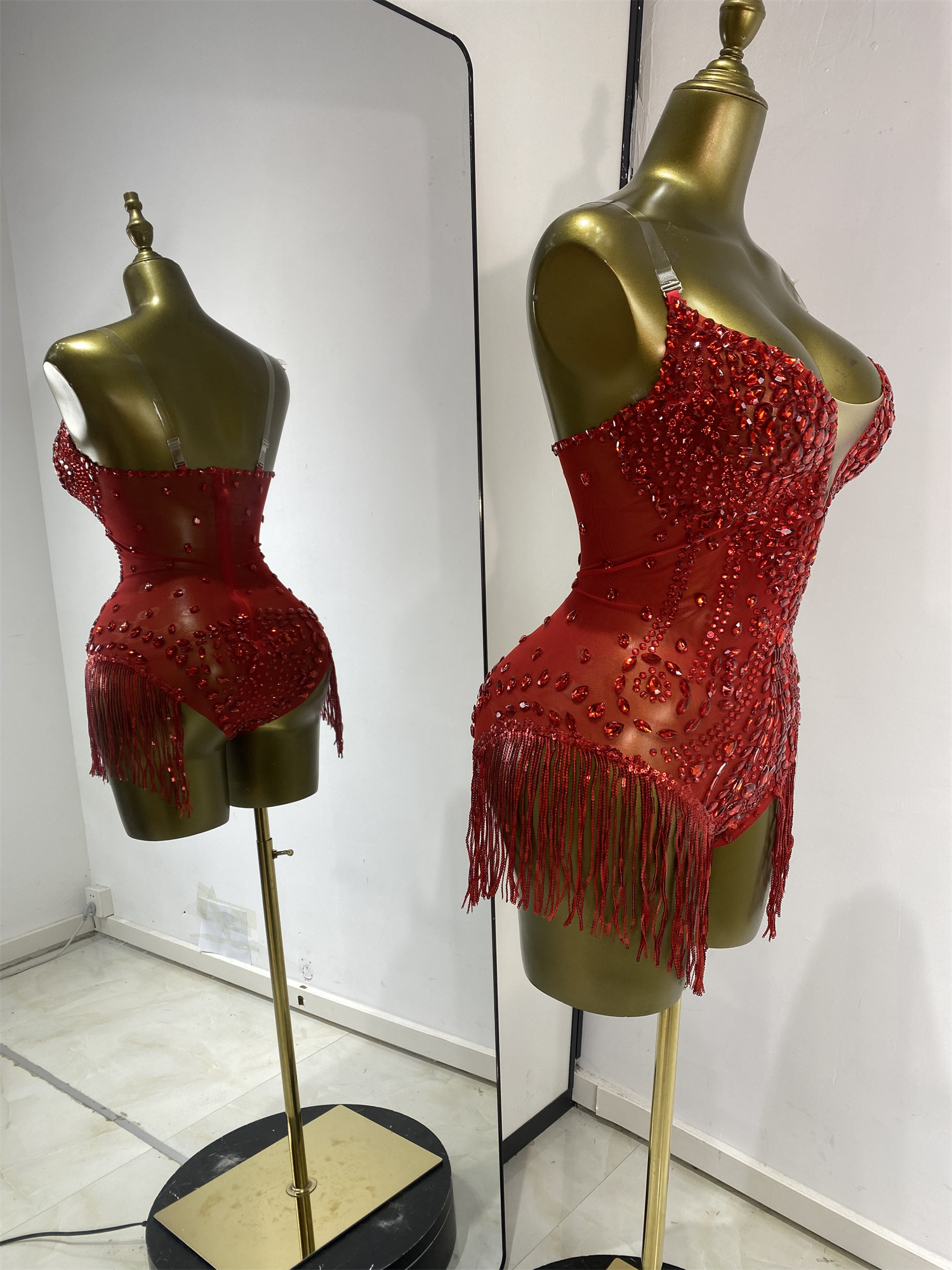 Robe Burlesque pour femmes, rouge, brillante, avec strass, franges, maille transparente, combinaison pour soirée, club, bar, spectacle pour adultes