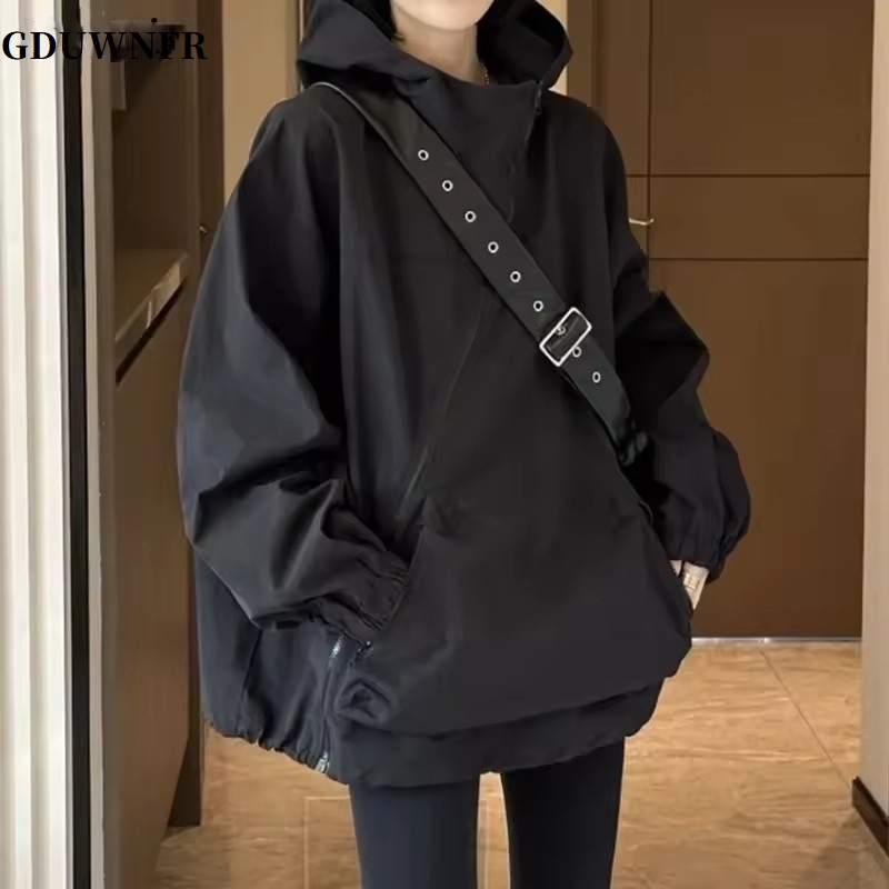 Mode femmes vestes à capuche diagonale fermeture éclair conception Vintage automne Baggy BF loisirs de plein air tout-match Chaqueta Mujer