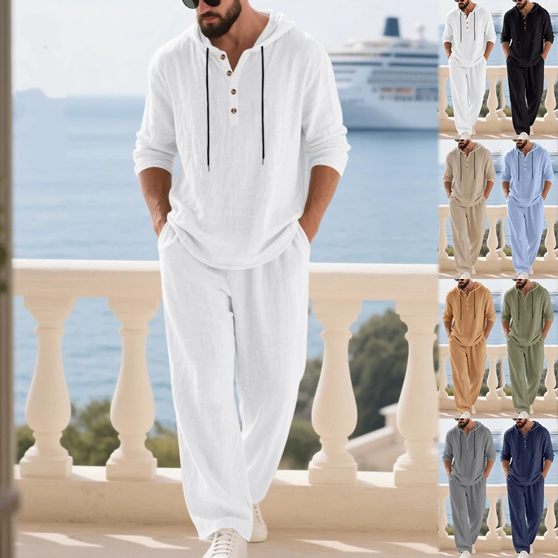 Ensemble chemise à capuche en lin et pantalon de couleur unie pour homme, style américain, printemps-automne, décontracté, confortable et respirant