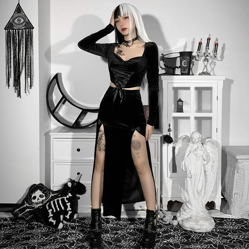Jupe longue de fête chic pour femme, style punk, nouvelle collection, taille haute, coupe ajustée, avec nœud sexy et fente latérale, longueur genou, idéale pour Halloween
