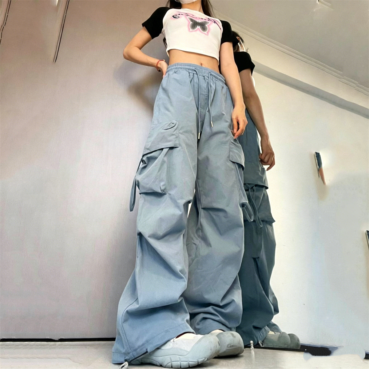 Pantalon cargo vintage pour femme, taille élastique, poches, coupe large, style Y2K, streetwear américain