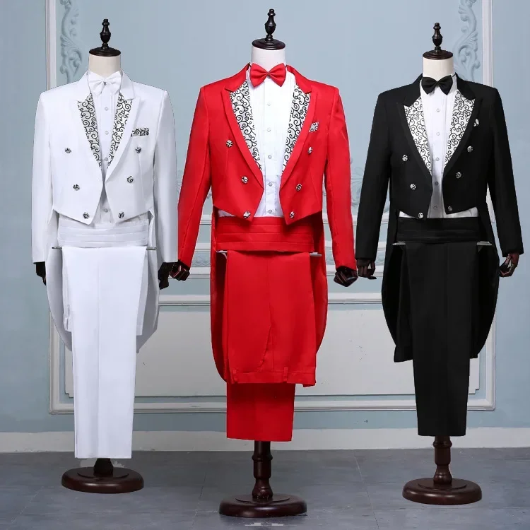Costume de smoking pour hommes, manteau formel Vintage, coupe cintrée, costume à revers, pantalon de smoking, manteau de queue, veste de scène pour chanteur et magicien