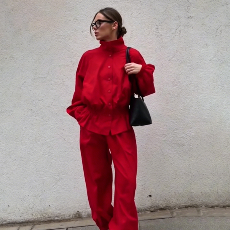 Veste Décontractée Sportive Rouge à Col et Fermeture, Volants Plissés, Taille Ajustable, Manteau Décontracté, Nouvelle Collection Automne 2026, Veste Femme Tendance Streetwear