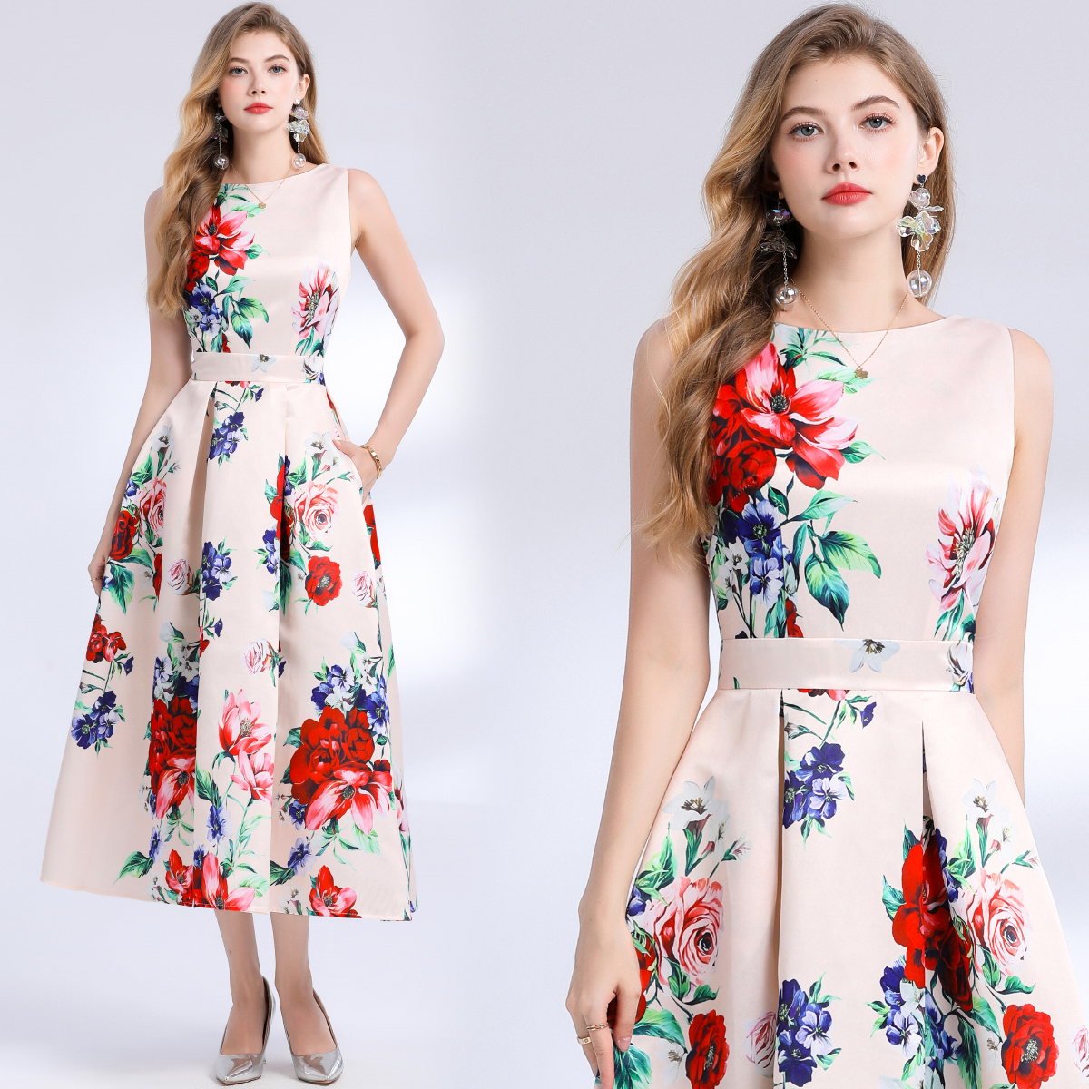 Robe d'été à fleurs Jacquard pour femmes, sans manches, débardeur, col rond, imprimé Floral Empire, longue plage, fête, robes de soirée mi-longues