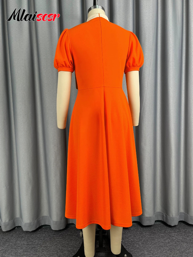 Robe midi orange à col à nœud pour femme, coupe trapèze, manches bouffantes, ajustée, tenue élégante pour soirée cocktail, mariage, soirée africaine