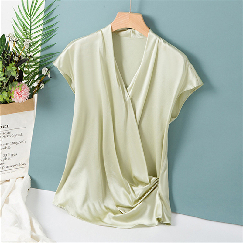 Chemisier élégant en satin pour femme, chemisier de bureau sexy à col en V, chemises décontractées unies à manches courtes, hauts de soirée pour femme, printemps et été