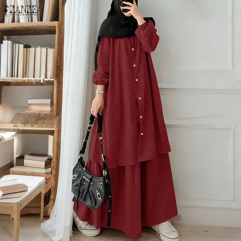 2026 ZANZEA Ensemble de survêtement musulman pour femme, 2 pièces, comprenant une robe chemise longue à manches longues et une jupe kaftan, tenue oversize à carreaux