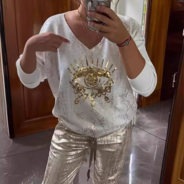 Costume grande taille pour femmes, mode décontractée, décoration des yeux en métal, chemise à manches longues, pantalons décontractés, grande taille, vêtements pour femmes, 2025
