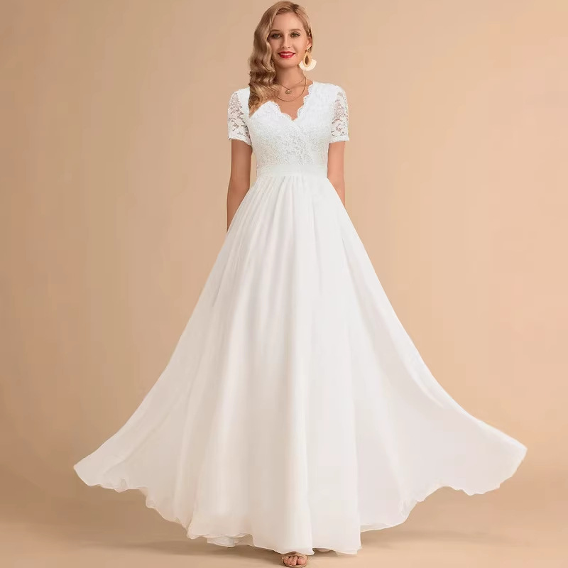 Robe longue en dentelle et mousseline de soie à col en V, robe de soirée, robes maxi fluides pour le printemps et l'été