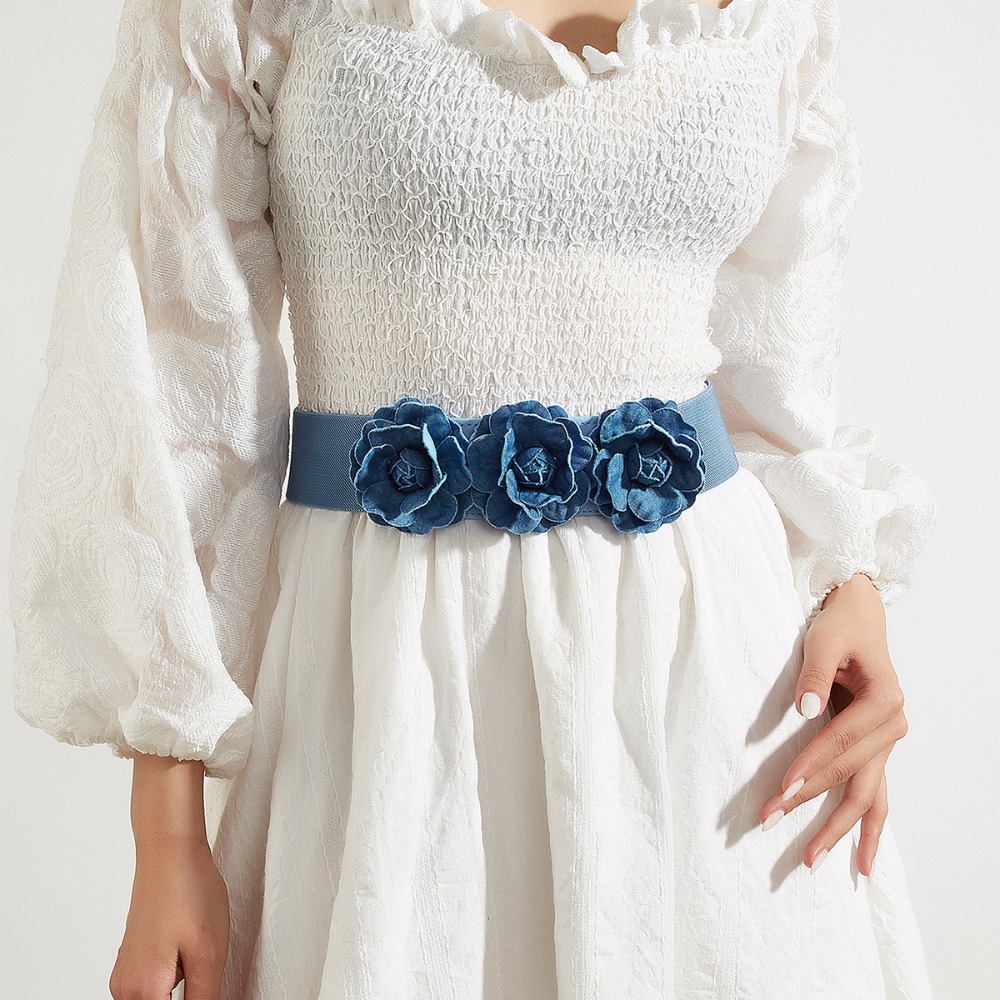Ceinture élastique en tissu de style coréen, largeur 5 cm, boucle bleue, ceinture de taille, ceinture élastique à fleurs, accessoires pour robe