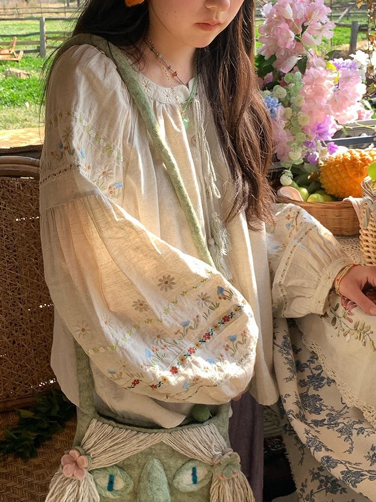 Femmes nouveau printemps broderie florale Blouse Vintage décontracté à manches longues petit haut