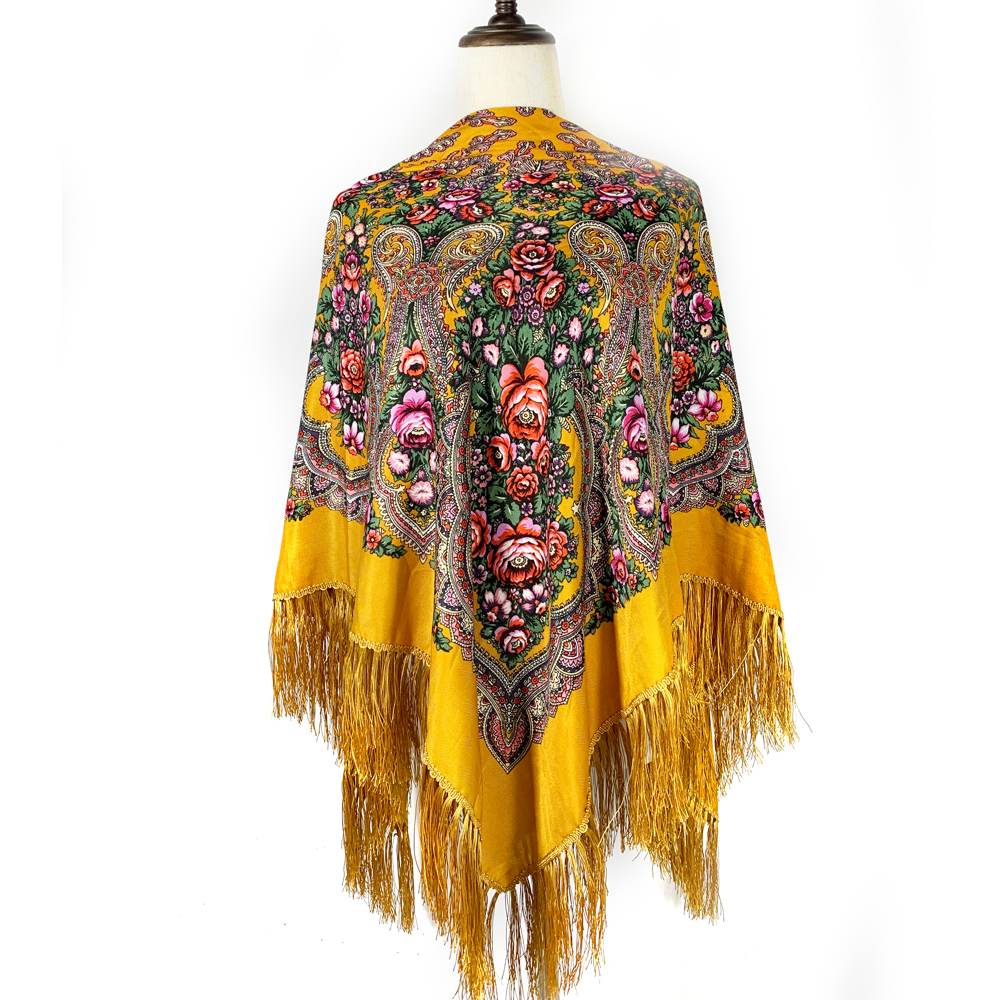 135*135 cm femmes russe National carré écharpe ukrainienne frangée Banadna mouchoir ethnique châles Babushka bandeau