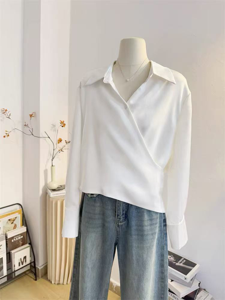Coréen Chic croix femmes chemises blanches élégant un bouton à manches longues en mousseline de soie hauts Harajuku asymétrie tout Match revers Blouse Mujer