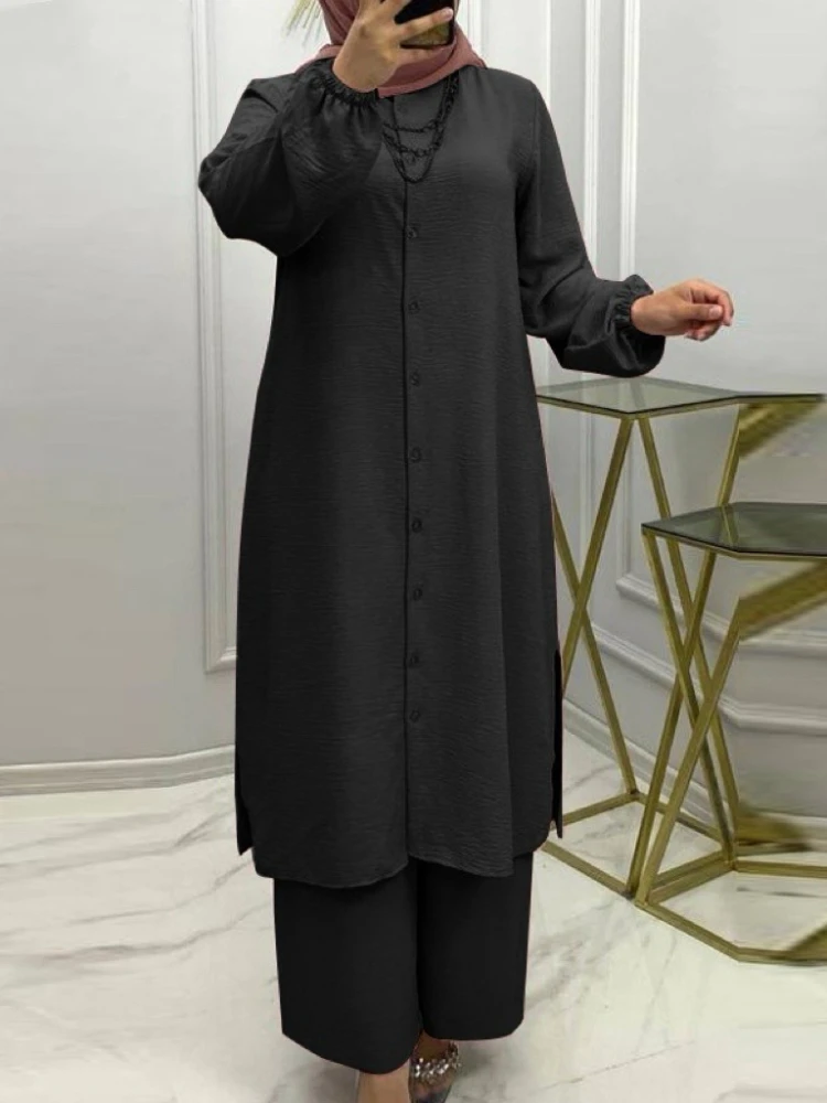 Eid Ensemble musulman femmes 2 pièces chemise Blouses pantalon à jambes larges Musulman Ensemble dubaï décontracté arabe Ramadan caftan 2024 tenue costumes