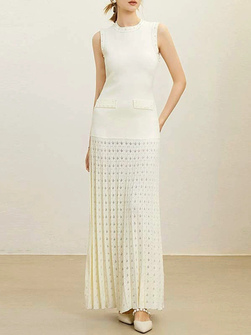 Perles décorées femmes col rond sans manches épissage tricoté robe pull élégant ou court tricoté 2025 printemps nouvelles femmes P8QA