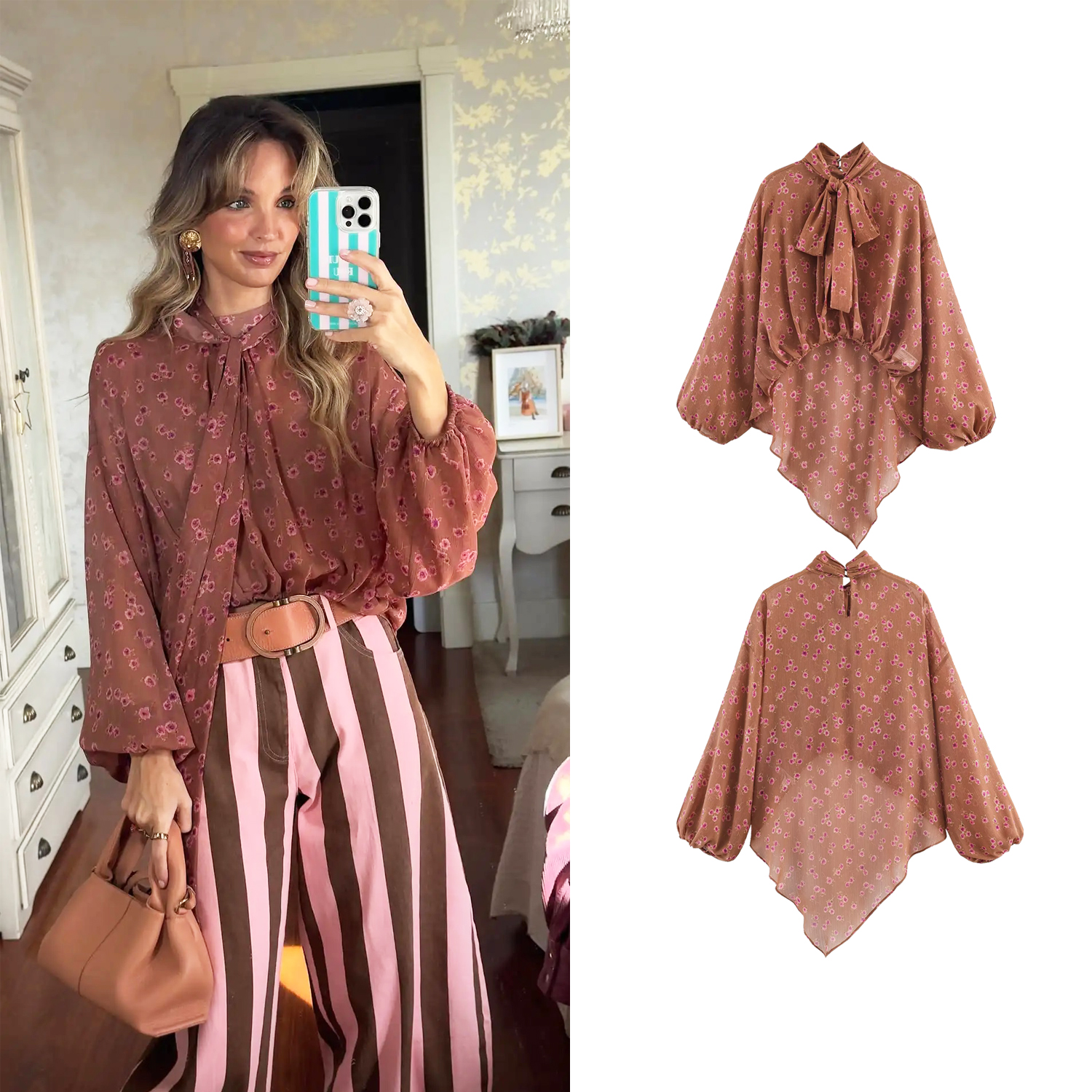Chemisiers chics à nœuds de style français pour femmes, imprimés floraux, décontractés, à volants, manches longues, chemises tendance pour femmes, printemps été, nouvelle chemise de vacances