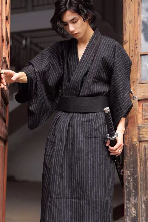 KIMONO YUKATA-Ensemble de pyjamas 95% coton pour hommes, robes longues avec ceinture, vêtements de nuit masculins, peignoir japonais traditionnel, mode d'été