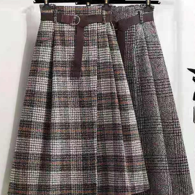 Jupe femme grande taille Tweed Plaid automne hiver a-ligne mi-longue plissée irrégulière Vintage vêtements taille haute jupe parapluie