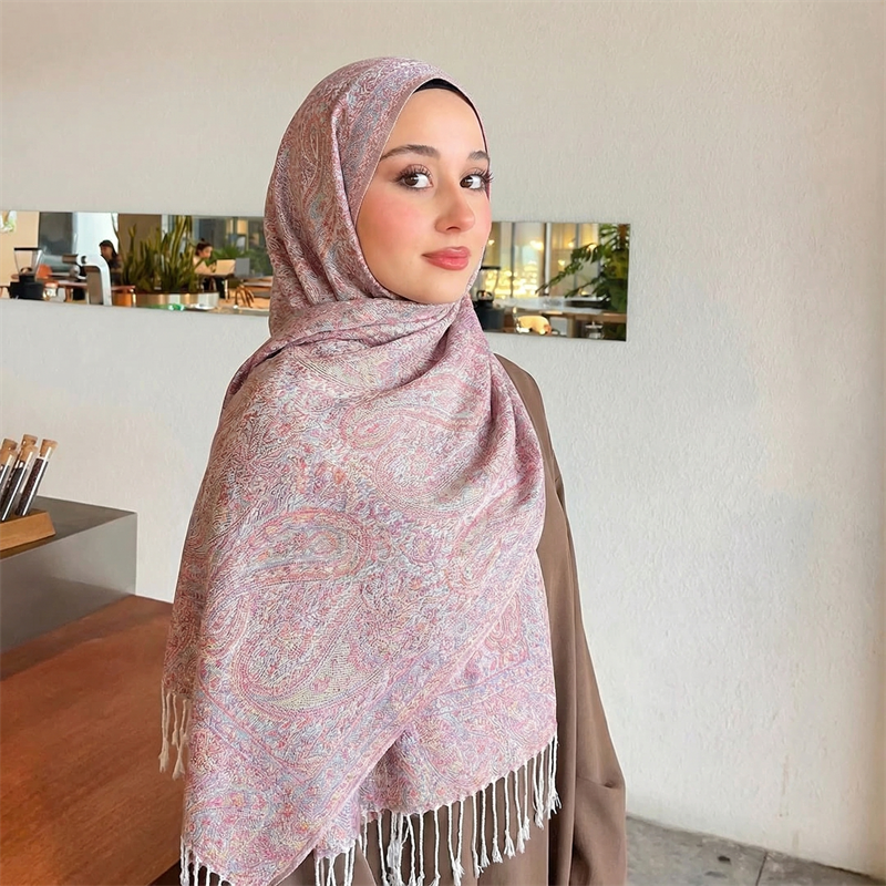 Écharpe Paisley Femme Effet Cachemire Pashmina Châles à Pompons Hijab Foulard Hiver Femme Écharpes Foulard Bufanda 2026