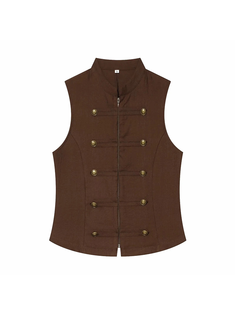 Blouse Chic Décontractée Vintage pour Femme, Col Rond, Double Boutonnage, Sans Manches, Tendance Été, Hauts de Vacances