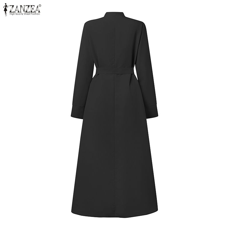 ZANZEA Robe longue maxi tendance pour femme, col montant, manches longues, froncée, taille nouée, coupe trapèze, pour le bureau et le travail