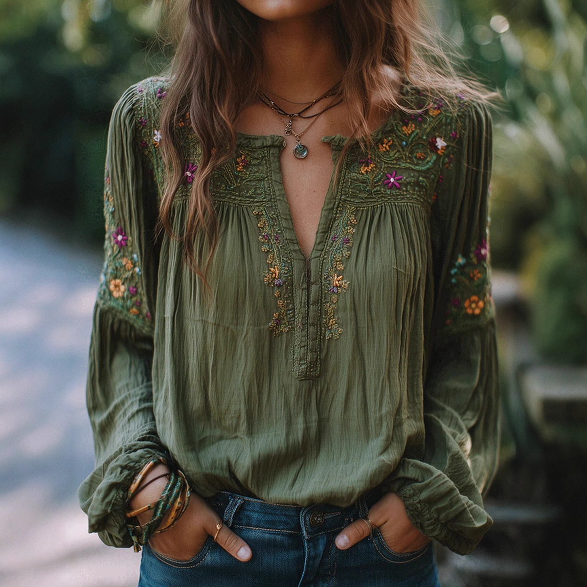 Chemisier Femme Style Ethnique Motif Floral Rétro Col V Ample Pullover Décontracté Printemps Hauts Froncés 2026 Blusas femme