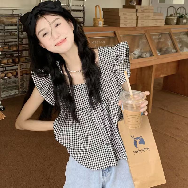 Chemise d'été en coton de Style coréen pour femmes, haut ample et respirant à col carré à carreaux avec petites manches flottantes