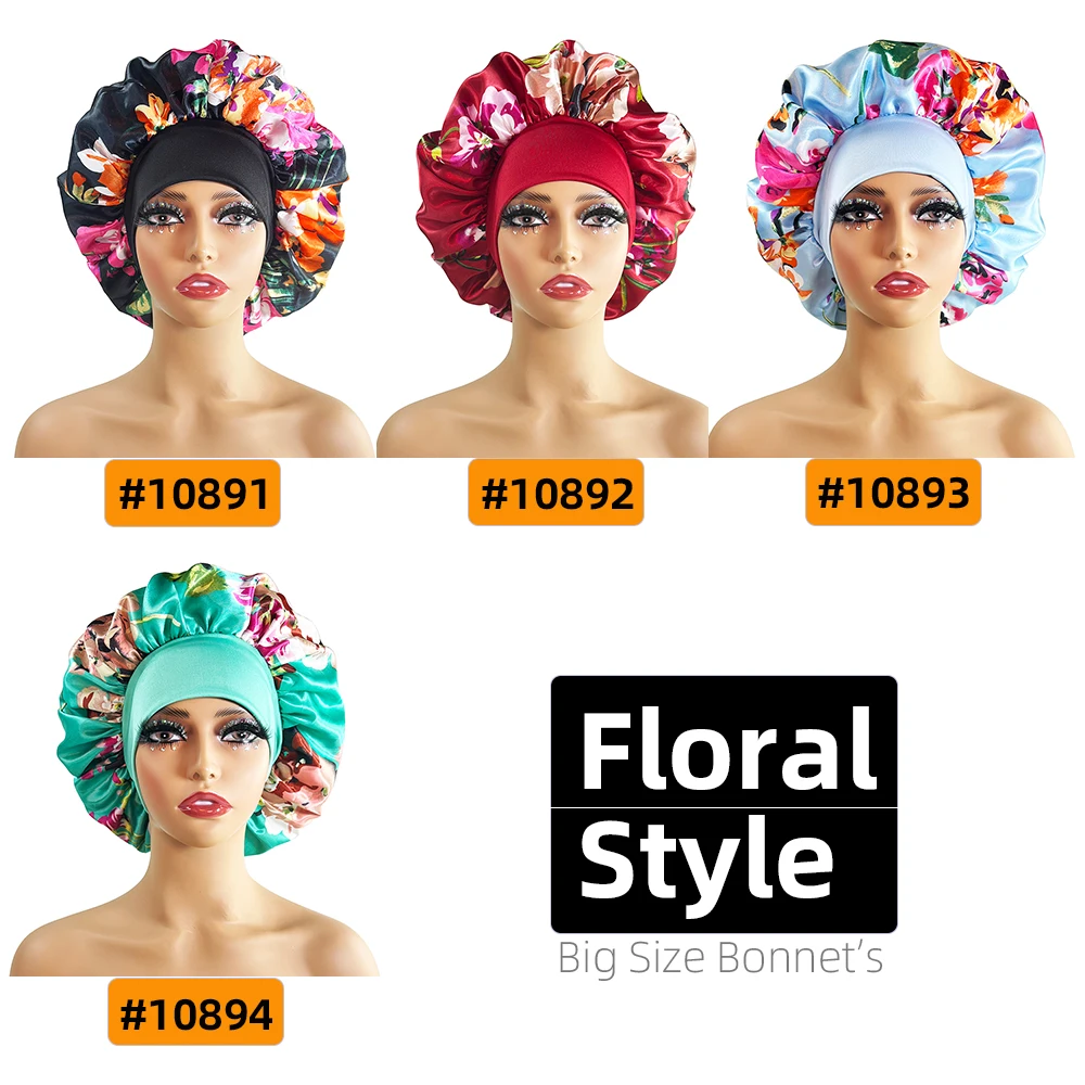 Bonnet de cheveux en Satin de soie, grand Bonnet de couchage en Satin, imprimé floral, bande élastique, haute densité, tresses bouclées pour femmes, chapeau de nuit