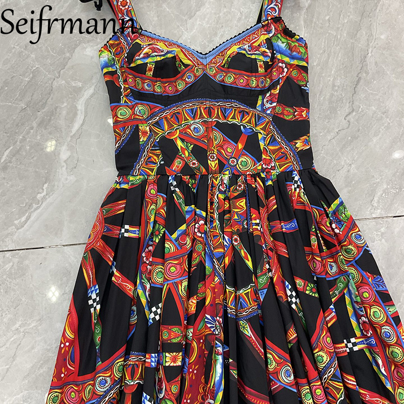 Robe longue décontractée en coton imprimé Seifrmann, col carré, sans manches, taille cintrée, nouvelle collection automne 2026 pour femme