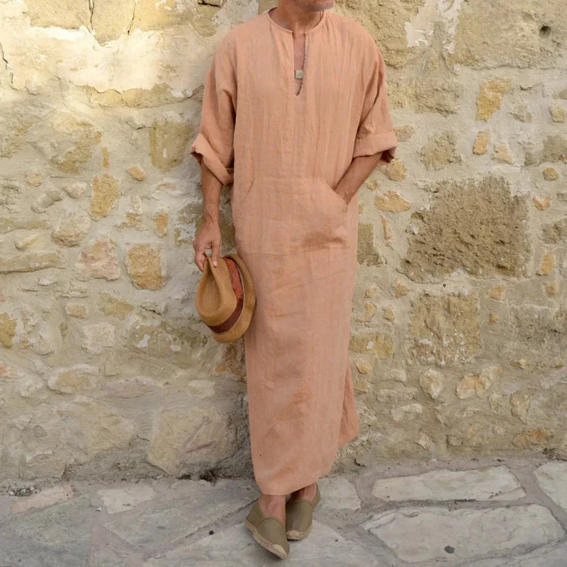 Hommes lin doux Robes musulmanes Abaya dubaï arabe robe islamique vêtements caftan Jubba Thobe Qamis Homme Islam Costumes traditionnels $