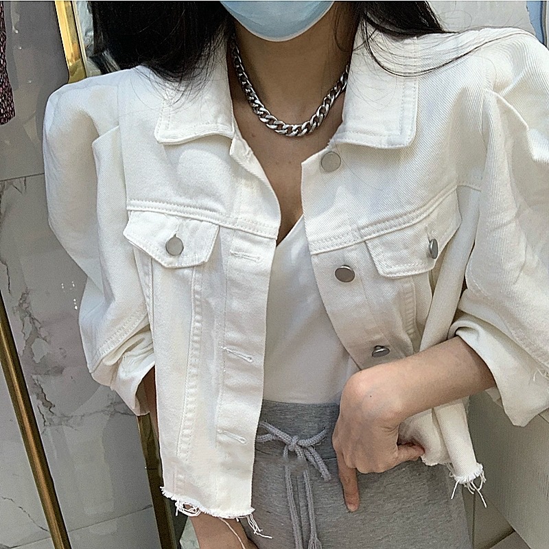 Mode coréenne femmes bleu Denim t-shirts hauts décontracté ample été femme Vintage manches bouffantes lanterne manches boutons 2025 été