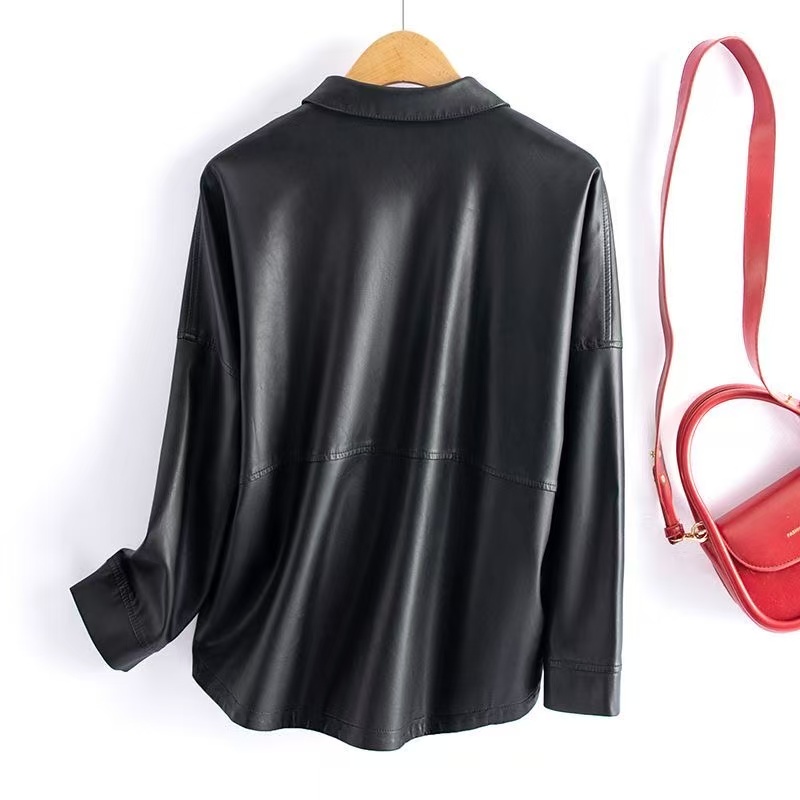 Veste courte en cuir de mouton pour femme, poches à boutons ajustée, CombChic Office Ladies, Split Sheep Leather, Korean At Outwear