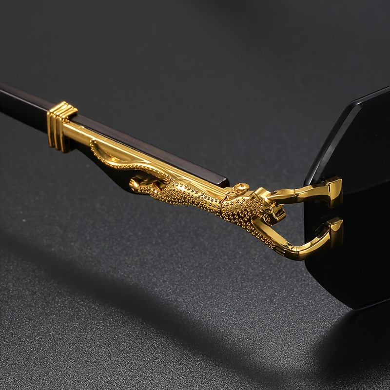 Lunettes de soleil carrées sans monture tendance et luxueuses, unisexes, avec décor léopard en métal sur les branches, pour hommes et femmes