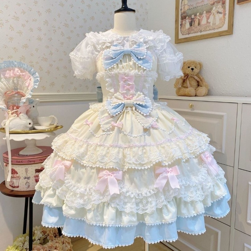 Robe Lolita douce pour femmes, couleur unie, avec volants, dentelle, nœud, patchwork, style princesse Kawaii, longueur genou, élégante, pour toutes les saisons, cosplay