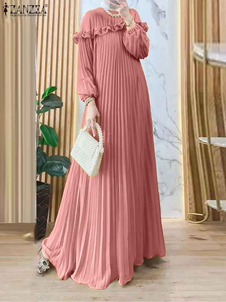 ZANZEA-Robe Maxi Abaya musulmane à manches longues pour femmes, Robe de soirée plissée élégante, Robe d'été islamique, Hijab, Mode de printemps, 2025