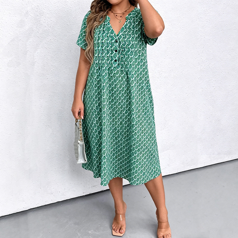 Robe mi-longue à col en v pour femmes, grande taille, manches courtes, imprimé boutonné, robe décontractée d'été avec poches pour les vacances