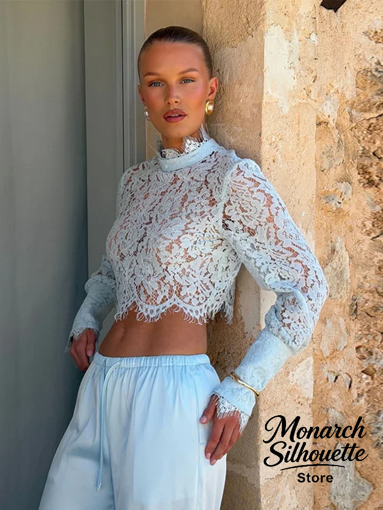 Ensemble 2 pièces pour femme, bleu, col semi-montant, haut en dentelle, pantalon à taille élastiquée avec cordon de serrage et fente arrière, style blouses, pour usage quotidien