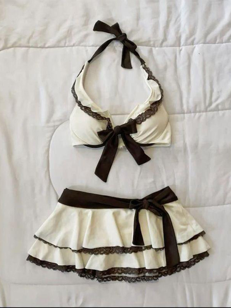 Ensemble bikini jupe beige d'été avec dentelle et nœud, style Y2K, mignon et tendance, pour la plage, la piscine, les vacances, maillot de bain féminin