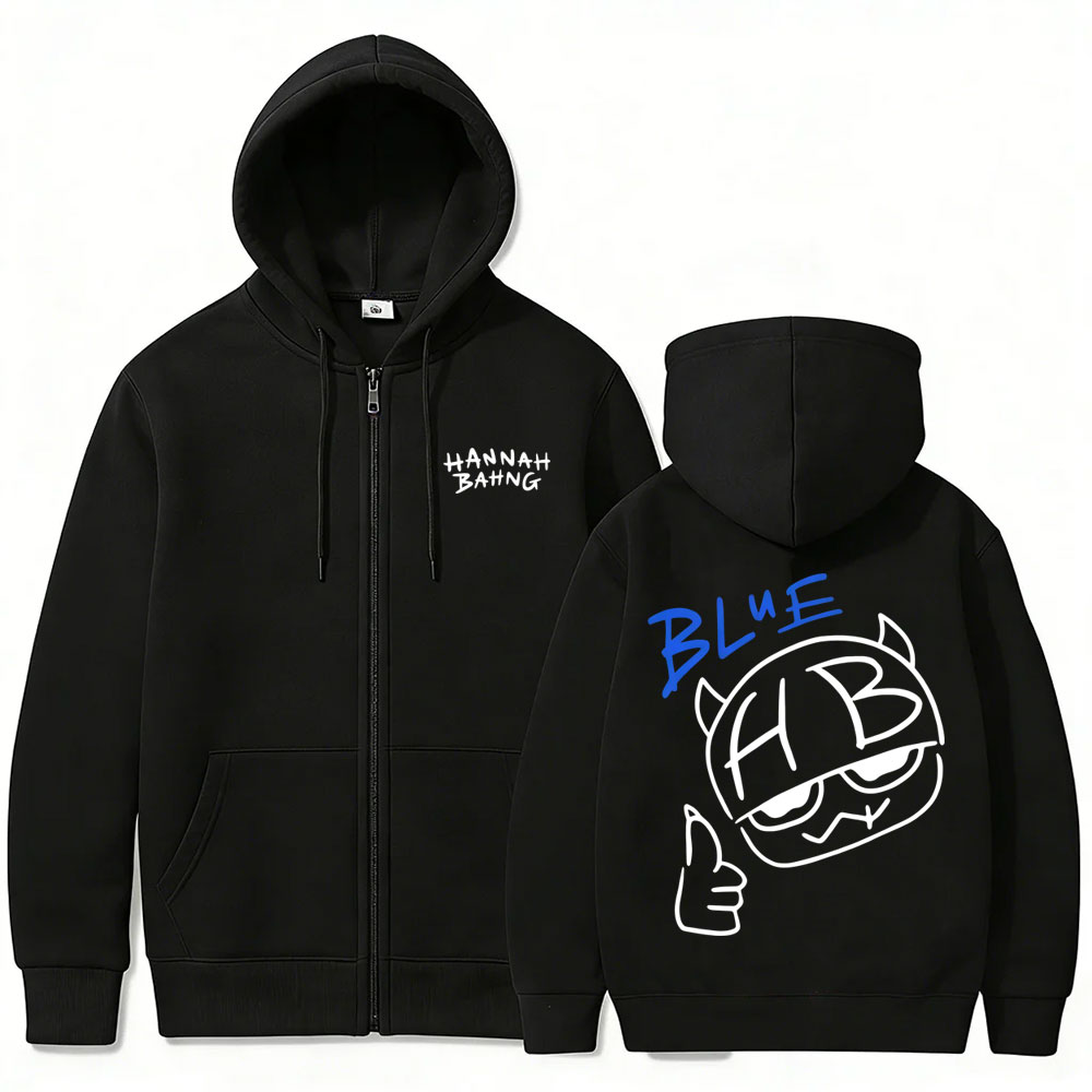Sweat-shirt à capuche avec fermeture éclair bleu Hannah Bahng pour hommes et femmes, veste décontractée en molleton de coton, unisexe, à la mode, surdimensionné