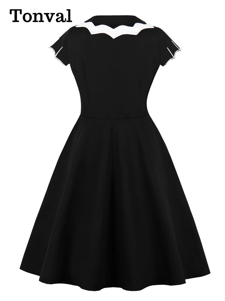 Tonval Robe Vintage de Fête d'Halloween pour Femmes, Broderie de Chauve-Souris, Manches Courtes, Décolleté en Goutte d'Eau, Robe Rétro Coupe Trapèze