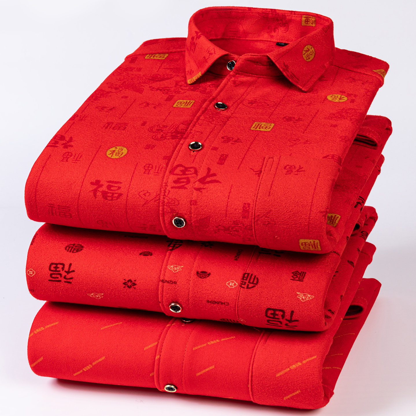 Chemise à manches longues pour hommes en rouge chinois avec polaire et texture épaissie, chaude et décontractée, confortable et polyvalente pour l'hiver