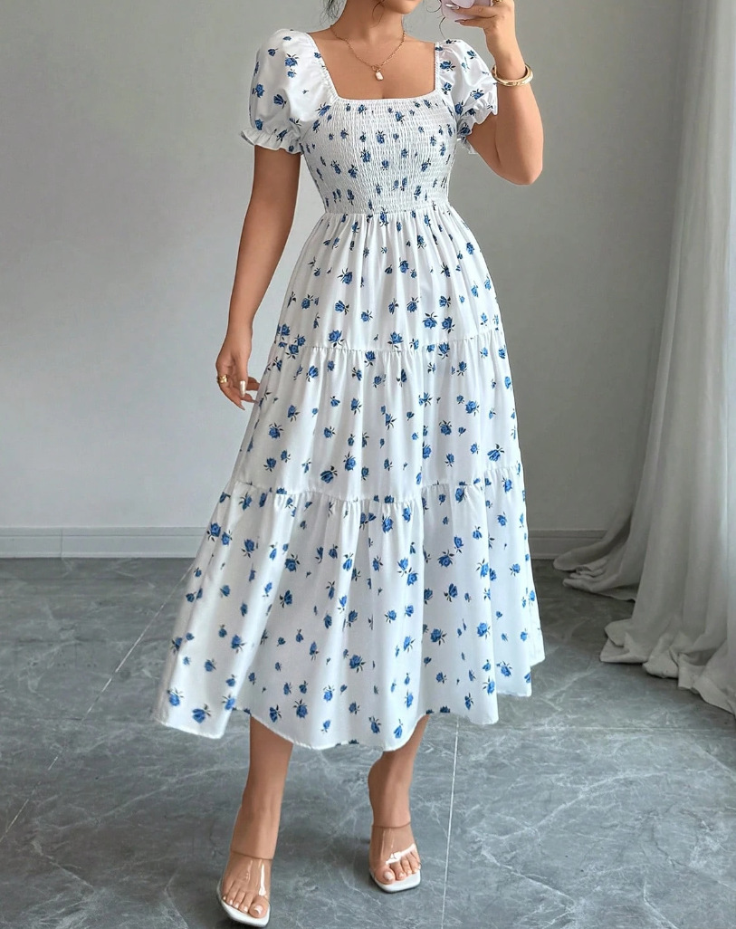 Jupe longue à manches courtes et col carré pour femme, imprimé frais, décontracté, mode, légèrement dos nu, tempérament, printemps et automne