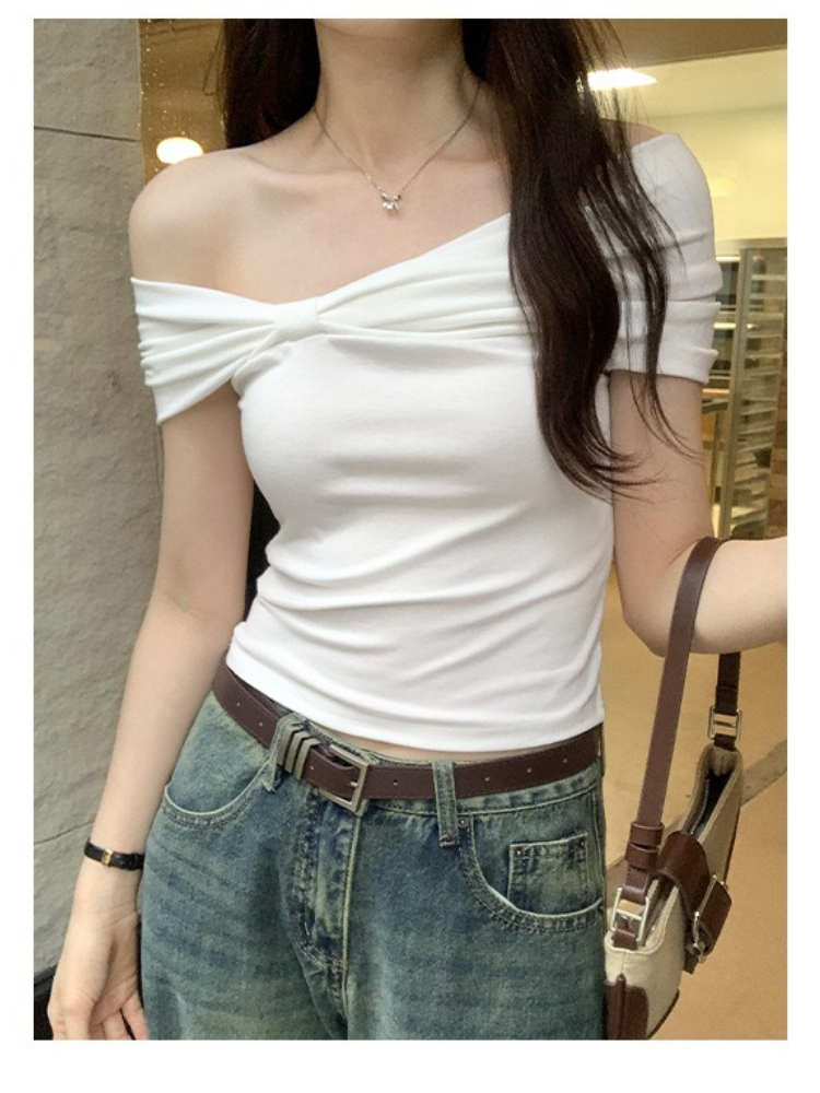 Nouveau T-shirt d'été pour femme, design plissé sensoriel, épaules dénudées, manches courtes, style coréen, avec nœud, crop top pour étudiante