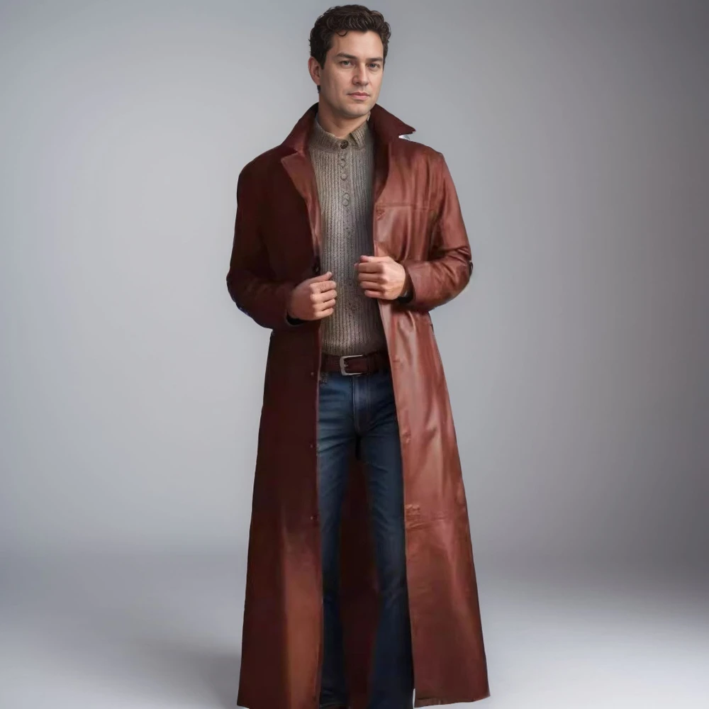 Nouvelles vestes longues en cuir pour hommes 2026 – Manteau trench gothique punk à boutons, col à revers uni, coupe-vent long en PU, manteaux d'hiver en cuir