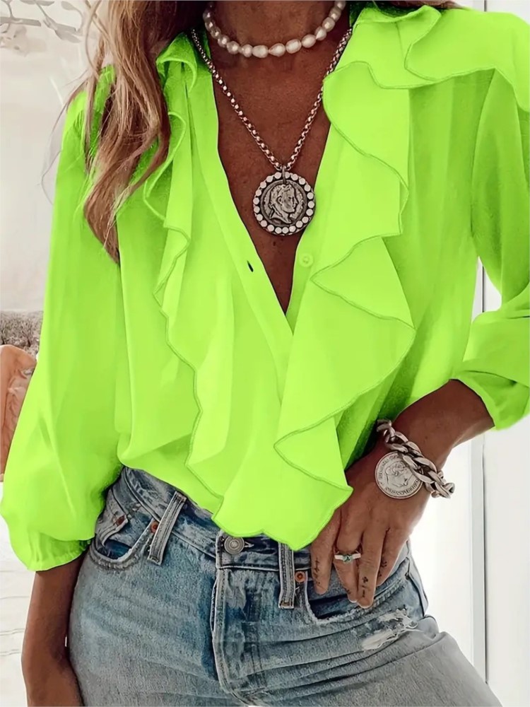 Chemise femme col en v à manches longues haut volant printemps été mode élégant solide bureau vacances chemises décontractées vêtements pour femmes